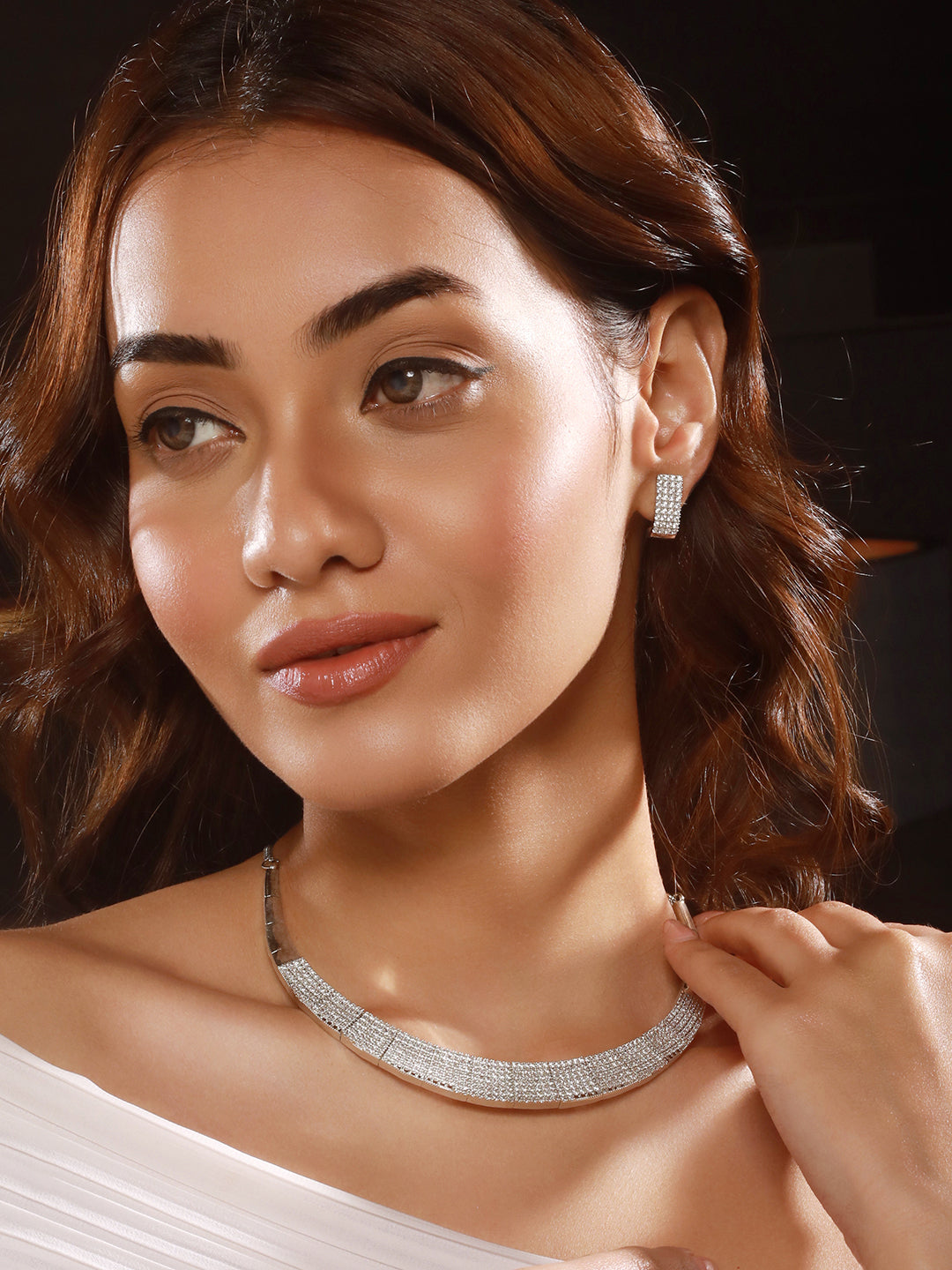 Silver Toned Zircon Studded Statement Collar Necklace Jewellery Set